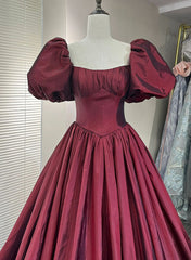 Wine Red Taffeta Short Sleeves Long Formal Dress Outfits For Girls, Wine Red Evening Dress Outfits For Women Prom Dress