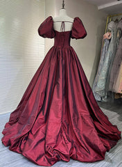Wine Red Taffeta Short Sleeves Long Formal Dress Outfits For Girls, Wine Red Evening Dress Outfits For Women Prom Dress