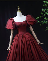 Wine Red Taffeta Short Sleeves Long Prom Dress Outfits For Girls, Wine Red Evening Dress Outfits For Women Formal Dress