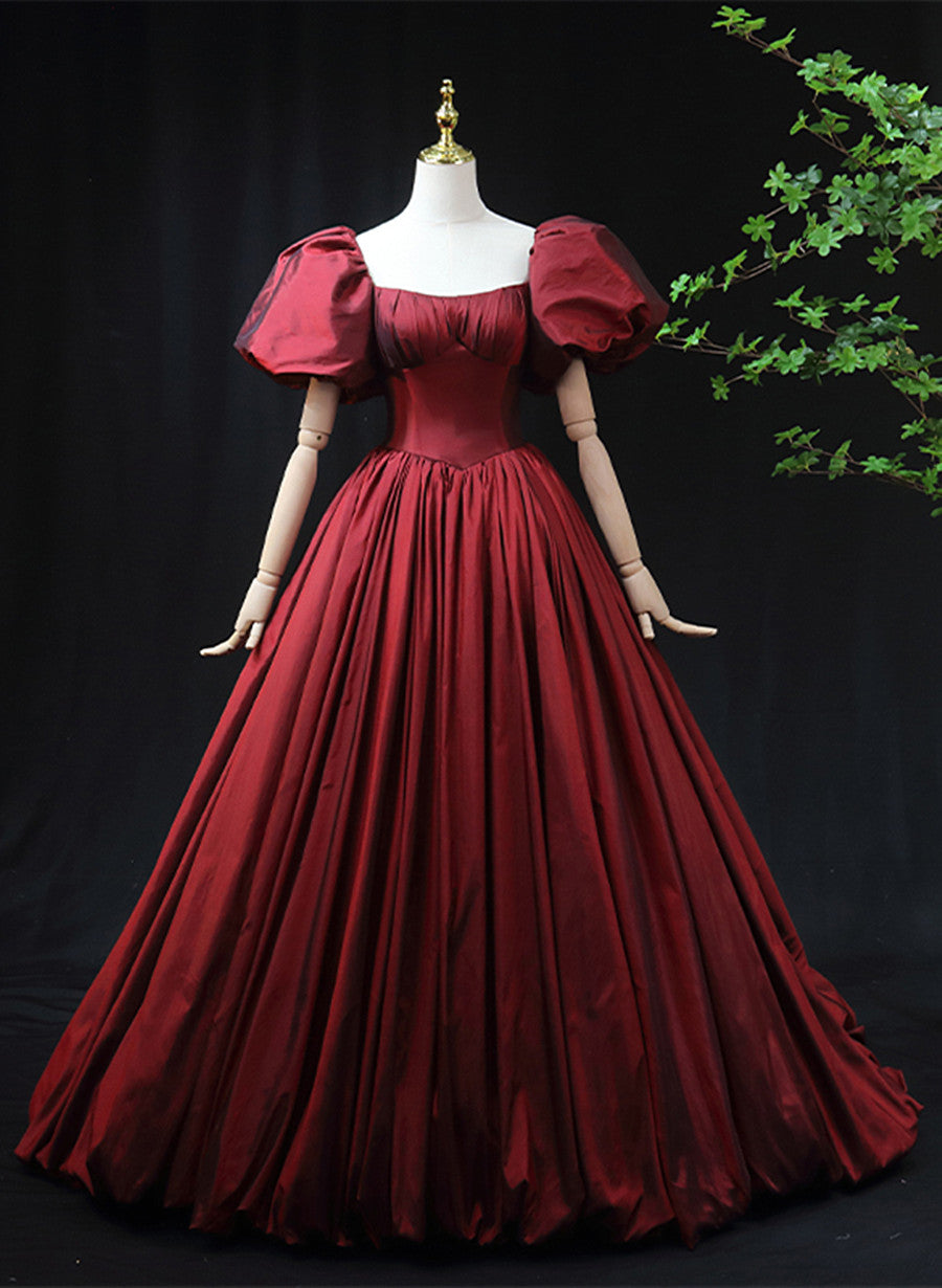Wine Red Taffeta Short Sleeves Long Prom Dress Outfits For Girls, Wine Red Evening Dress Outfits For Women Formal Dress