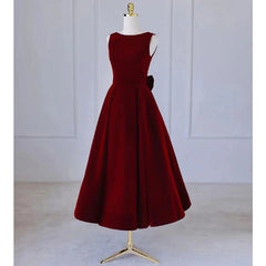 Wine Red Tea Length Velvet Party Dress Outfits For Women with Bow, Burgundy Wedding Party Dresses