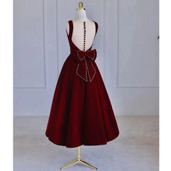 Wine Red Tea Length Velvet Party Dress Outfits For Women with Bow, Burgundy Wedding Party Dresses