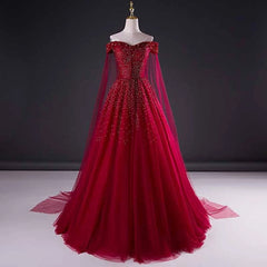 Wine Red Tulle Beaded Tulle Sparkle Long Prom Dress Outfits For Girls, Dark Red Sweet 16 Gown