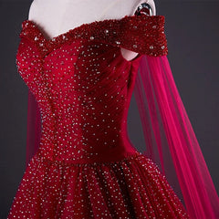 Wine Red Tulle Beaded Tulle Sparkle Long Prom Dress Outfits For Girls, Dark Red Sweet 16 Gown