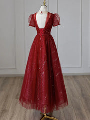 Wine Red Tulle Cap Sleeves Bridesmaid Dress Outfits For Girls, Wine Red Long Prom Dress