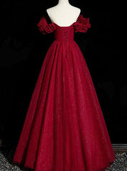 Wine Red Tulle Short Sleeves Beaded Party Dress Outfits For Girls, A-line Wine Red Prom Dress