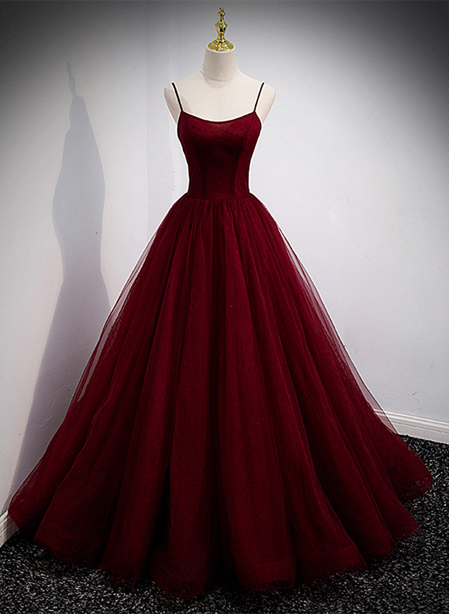 Wine Red Tulle Straps Long Evening Dress Outfits For Women Party Dress Outfits For Girls,Wine Red Prom Dress