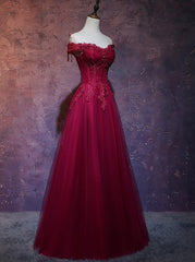 Wine Red Tulle Sweetheart Long Prom Dress Outfits For Girls, A-line Party Dress