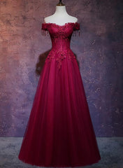 Wine Red Tulle Sweetheart Long Prom Dress Outfits For Girls, A-line Party Dress