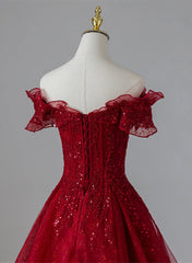 Wine Red Tulle with Sequins and Lace Party Dress Outfits For Girls, Wine Red A-line Prom Dress