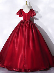 Wine Red V-neckline Beaded Ball Gown Prom Dress Outfits For Girls, Wine Red Sweet 16 Dress