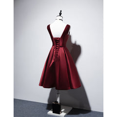 Wine Red V-neckline Satin Lace-up Homecoming Dress Outfits For Girls, Short Prom Dress