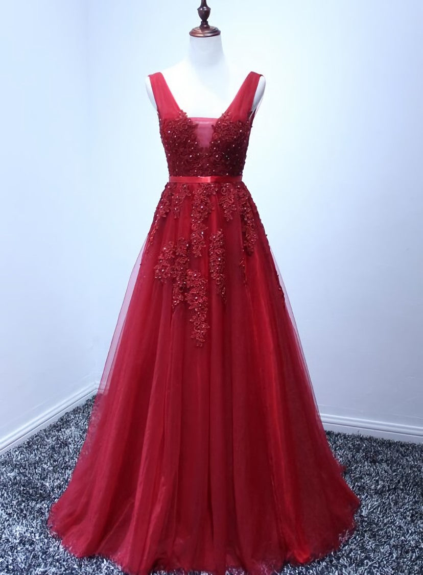Wine Red V-neckline Tulle Long Prom Dress Outfits For Girls, Dark Red Floor Length Party Dress Outfits For Girls, Bridesmaid Dress