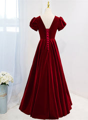 Wine Red V-neckline Velvet Prom Dress Outfits For Women Party Dress Outfits For Girls, A-line Wedding Party Dress