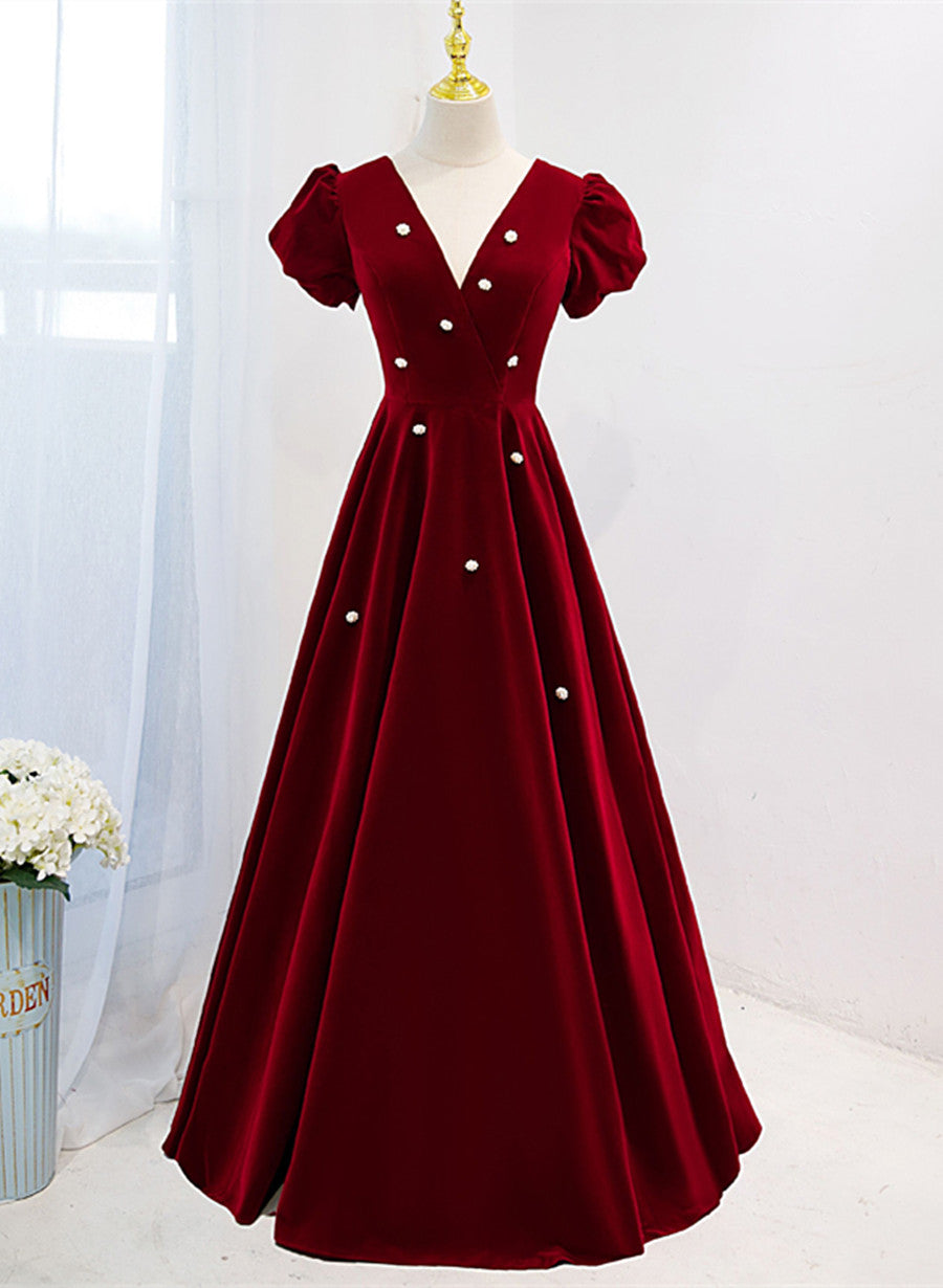Wine Red V-neckline Velvet Prom Dress Outfits For Women Party Dress Outfits For Girls, A-line Wedding Party Dress