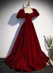 Wine Red Velvet Puffy Sleeves Long Party Dress Outfits For Girls, Wine Red Long Prom Dress