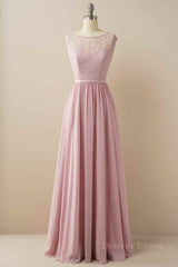 Wisteria A-line Illusion Lace Cap Sleeves Chiffon Long Prom Dress