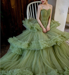 Princess Spaghetti Straps Green Tulle Long  Dress A line Tiered Formal Dress