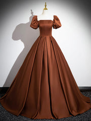 Brown Satin Floor Length Prom Dress , Off the Shoulder A-Line Evening Dress