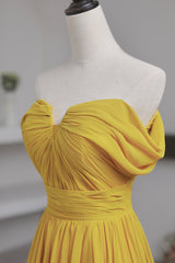 Yellow Chiffon Long A-Line Prom Dress Outfits For Girls, Simple Yellow Evening Dress Outfits For Women with Slit