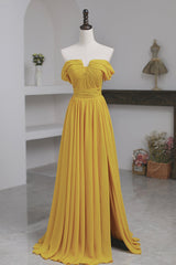 Yellow Chiffon Long A-Line Prom Dress Outfits For Girls, Simple Yellow Evening Dress Outfits For Women with Slit