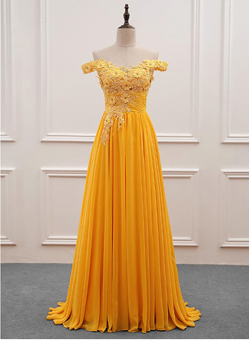 Yellow Off Shoulder Long Party Dress Outfits For Girls, Sweetheart Formal Dress