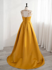 Yellow Satin Beaded Long Prom Dress Outfits For Women with Leg Slit, Yellow A-line Party Dress