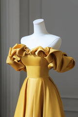 Yellow Satin Long Prom Dress Outfits For Girls, Simple Off Shoulder Evening Party Dress