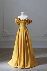 Yellow Satin Long Prom Dress Outfits For Girls, Simple Off Shoulder Evening Party Dress