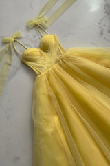 Yellow Tulle Long A-Line Evening Dress Outfits For Girls, Cute Spaghetti Strap Prom Dress