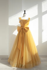 Yellow Tulle Long A-Line Prom Dress Outfits For Girls, Cute Evening Dress Outfits For Women with Bow