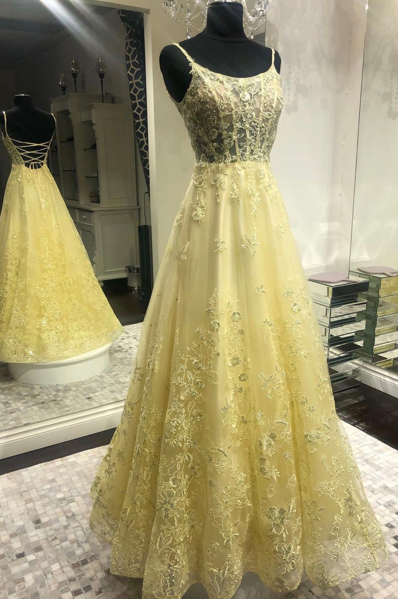 Yellow Tulle Long Prom Dress Outfits For Women with Lace, A-Line Backless Party Dress