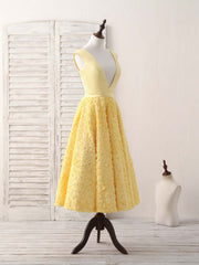 Yellow V Neck 3D Lace Tea Long Prom Dress Outfits For Girls, Yellow Evening Dress