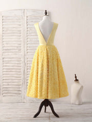 Yellow V Neck 3D Lace Tea Long Prom Dress Outfits For Girls, Yellow Evening Dress
