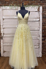 Yellow V-Neck Lace Long Prom Dress Outfits For Girls, A-Line Spaghetti Straps Evening Dress