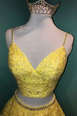 Yellow V-Neck Lace Long Prom Dress Outfits For Girls, Two Pieces Evening Graduation Dress