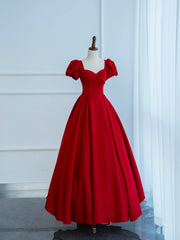 Dark Red Satin Long Prom Dress, A-Line Short Sleeve Evening Party Dress
