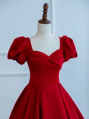 Dark Red Satin Long Prom Dress, A-Line Short Sleeve Evening Party Dress