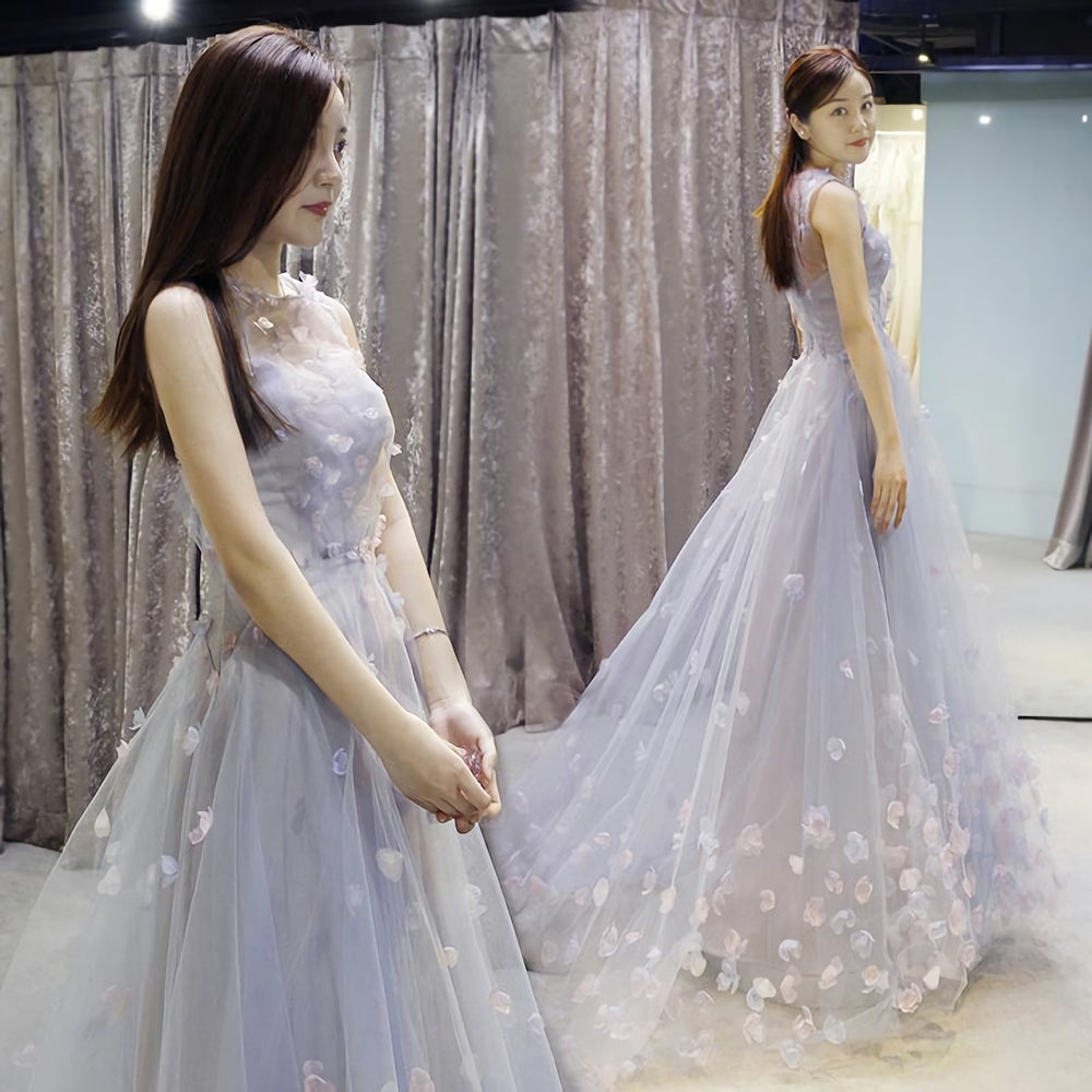 Light Blue Tulle Long Prom Dress, Blue Evening Dress, 1